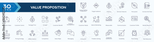 Set of value proposition line icons representing business strategy, marketing, customer value, pricing, and product positioning
Ideal for presentations, infographics, web interfaces, and corporate.