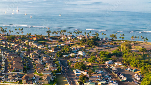 Konstfotografi Aerial view of Lahaina landscape in Maui, Hawaii wildfire aftermath showing coas