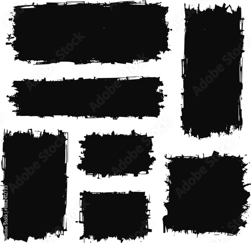 Black vector rough edge rectangles. Grunge square frames set. Jagged edge torn paper background collection. Paint brush strokes. Grungy distressed text boxes. Transparent background EPS version.