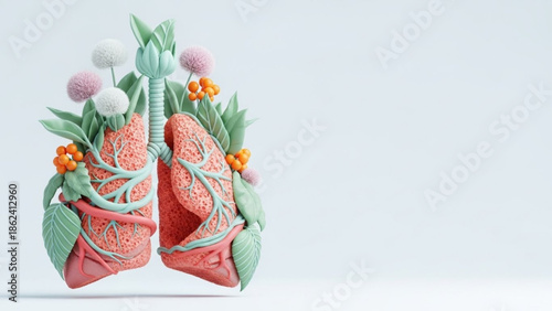 World Lung Day Artistic representation of human lungs adorned with vibrant flora, symbolizing health and natural well-being