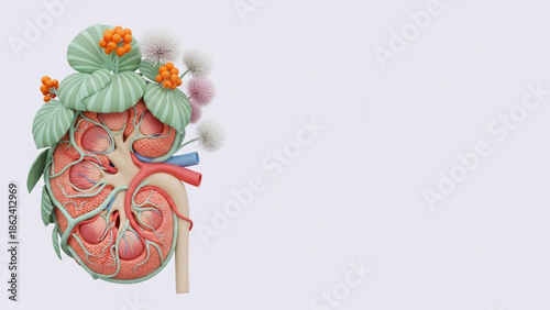 World Kidney Day Artistic Representation of a Human Kidney with Delicate Flora, Symbolizing Health and Natural Wellness