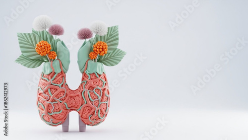 World Thyroid Day the human thyroid gland adorned with delicate flowers and foliage, symbolizing holistic endocrine health, care, and well-being in a serene setting