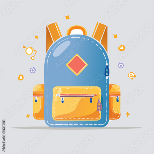 White and Yellow Backpack with Orange Accents Illustration.