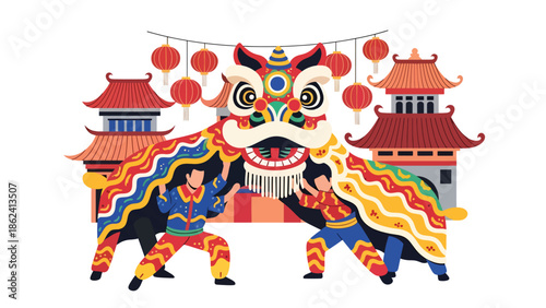 Modern vector illustration of lion dance performance with traditional buildings and lanterns, Chinese New Year celebration representing luck, joy, and festive cultural heritage