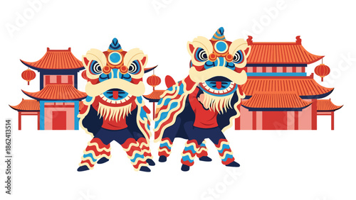 Modern vector illustration of lion dance performance with traditional buildings and lanterns, Chinese New Year celebration representing luck, joy, and festive cultural heritage