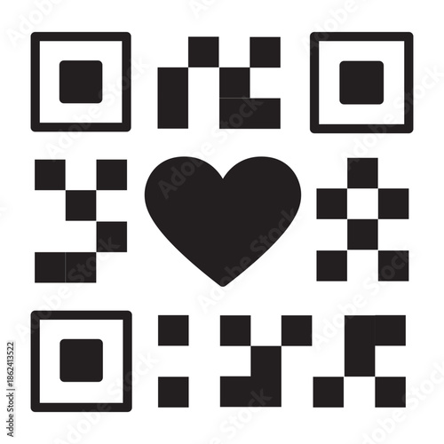 Solid heart QR code icon for Valentine’s Day. Bold digital love symbol for romantic message, dating app, website link, coupon, wedding invite, and social media Valentine campaign design.