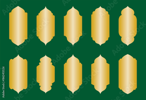 Golden Islamic window and door silhouettes set. Traditional arabic arches and frames reflecting Muslim cultural design. Vector illustration.