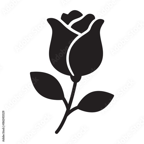 Solid icon of Valentine rose. Bold romantic flower glyph symbolizing love and passion for dating, wedding, beauty, greeting cards, apps, stickers, logos, and holiday design projects