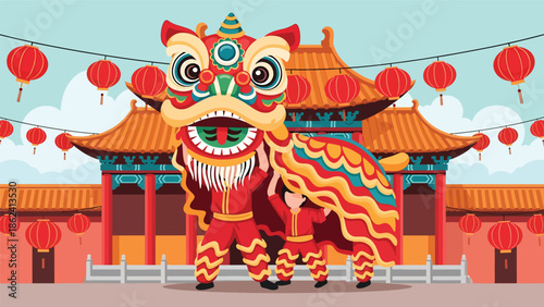 Modern vector illustration of lion dance performance with traditional buildings and lanterns, Chinese New Year celebration representing luck, joy, and festive cultural heritage