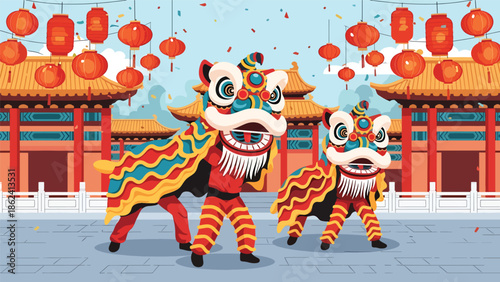 Modern vector illustration of lion dance performance with traditional buildings and lanterns, Chinese New Year celebration representing luck, joy, and festive cultural heritage