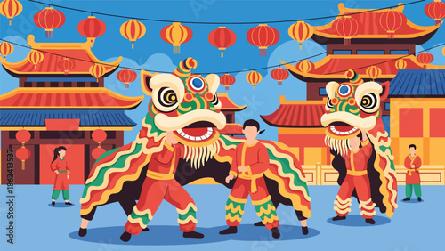 Modern vector illustration of lion dance performance with traditional buildings and lanterns, Chinese New Year celebration representing luck, joy, and festive cultural heritage