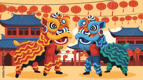 Modern vector illustration of lion dance performance with traditional buildings and lanterns, Chinese New Year celebration representing luck, joy, and festive cultural heritage