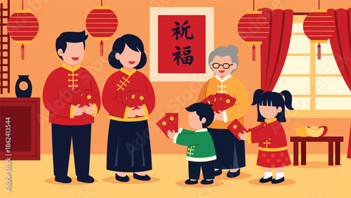 Modern vector illustration of family giving red envelopes to children during Chinese New Year, symbolizing blessings, luck, prosperity, and family tradition celebration