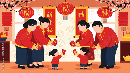 Modern vector illustration of family giving red envelopes to children during Chinese New Year, symbolizing blessings, luck, prosperity, and family tradition celebration