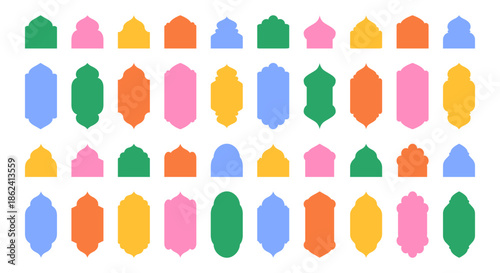 Islamic architectural frame set with arabic arches and windows. Traditional Muslim style shapes arranged as decorative silhouettes. Vector isolated.