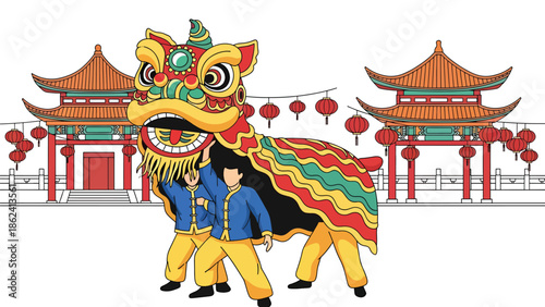 Modern vector illustration of lion dance performance with traditional buildings and lanterns, Chinese New Year celebration representing luck, joy, and festive cultural heritage
