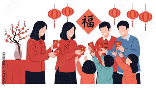 Modern vector illustration of family giving red envelopes to children during Chinese New Year, symbolizing blessings, luck, prosperity, and family tradition celebration