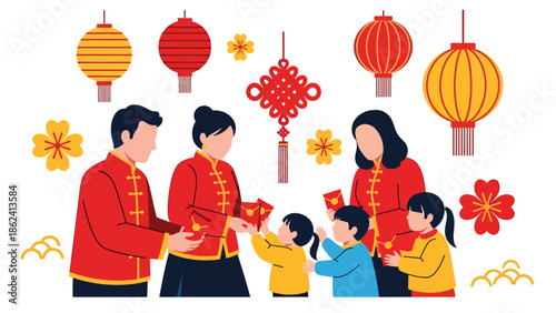 Modern vector illustration of family giving red envelopes to children during Chinese New Year, symbolizing blessings, luck, prosperity, and family tradition celebration