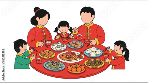 Modern vector illustration of traditional Chinese New Year dinner with family sharing festive dishes at round table, symbolizing unity, abundance, and celebration