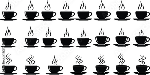 Black coffee cup silhouettes vector set, hot tea mug icons with steam and saucers, cafe drink symbols for restaurant menu design, isolated.