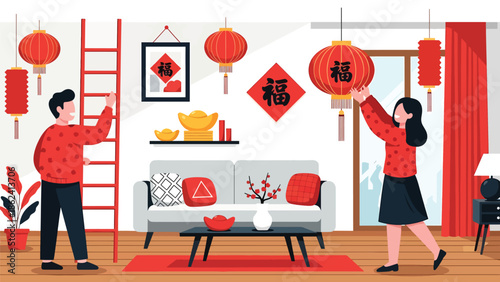 Modern vector illustration of couple decorating home with red lanterns and ornaments for Chinese New Year, festive preparation, tradition, and modern lifestyle scene