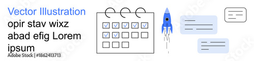 Productivity, planning, goal management, workflow optimization, communication, innovation. Calendar with checkmarks, rocket and text boxes. Productivity and planning concept