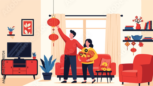 Modern vector illustration of couple decorating home with red lanterns and ornaments for Chinese New Year, festive preparation, tradition, and modern lifestyle scene