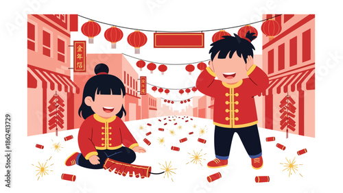 Modern vector illustration of children playing with firecrackers outdoors during Chinese New Year, joyful childhood moment and festive cultural celebration