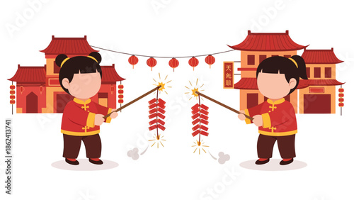 Modern vector illustration of children playing with firecrackers outdoors during Chinese New Year, joyful childhood moment and festive cultural celebration