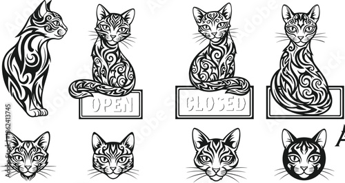 Decorative cat vector illustration set, tribal feline silhouettes with open and closed signs, ornate pet portraits for shop decoration and branding, isolated.