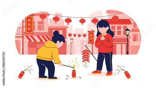 Modern vector illustration of children playing with firecrackers outdoors during Chinese New Year, joyful childhood moment and festive cultural celebration