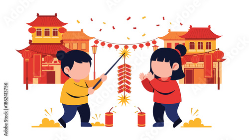 Modern vector illustration of children playing with firecrackers outdoors during Chinese New Year, joyful childhood moment and festive cultural celebration