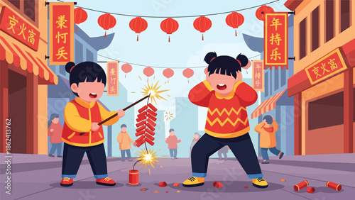 Modern vector illustration of children playing with firecrackers outdoors during Chinese New Year, joyful childhood moment and festive cultural celebration