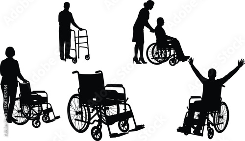Disabled people silhouettes vector set, patients in wheelchairs with caregivers, elderly man with walker, accessibility icons for healthcare and medical support, isolated.