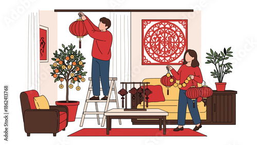 Modern vector illustration of couple decorating home with red lanterns and ornaments for Chinese New Year, festive preparation, tradition, and modern lifestyle scene