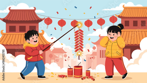Modern vector illustration of children playing with firecrackers outdoors during Chinese New Year, joyful childhood moment and festive cultural celebration