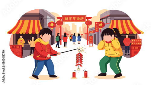 Modern vector illustration of children playing with firecrackers outdoors during Chinese New Year, joyful childhood moment and festive cultural celebration