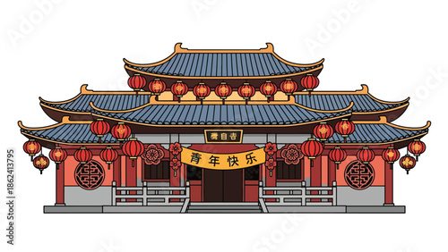 Modern vector illustration of traditional Chinese temple decorated with lanterns during Chinese New Year, peaceful celebration, cultural heritage, and festive spirituality