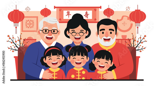 Modern vector illustration of multi-generation family smiling together during Chinese New Year celebration, symbolizing reunion, love, and cultural family values