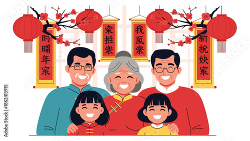 Modern vector illustration of multi-generation family smiling together during Chinese New Year celebration, symbolizing reunion, love, and cultural family values