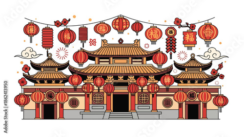 Modern vector illustration of traditional Chinese temple decorated with lanterns during Chinese New Year, peaceful celebration, cultural heritage, and festive spirituality