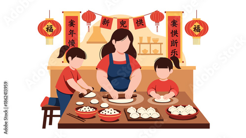 Modern vector illustration of family making dumplings together in kitchen for Chinese New Year, warm home activity, cultural tradition, and family bonding