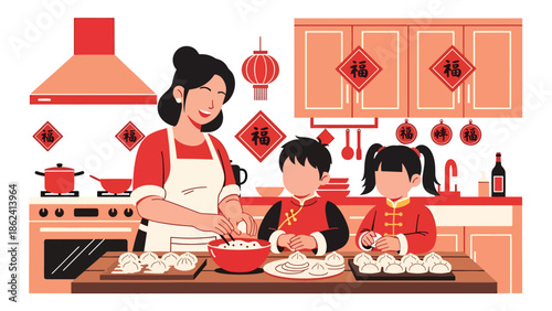 Modern vector illustration of family making dumplings together in kitchen for Chinese New Year, warm home activity, cultural tradition, and family bonding