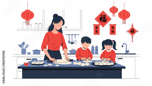 Modern vector illustration of family making dumplings together in kitchen for Chinese New Year, warm home activity, cultural tradition, and family bonding