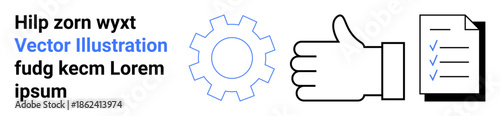 Workflow, project management, business approval, teamwork, productivity, system optimization. Gear, thumbs-up and checklist icons in black and blue. Workflow and project management concept
