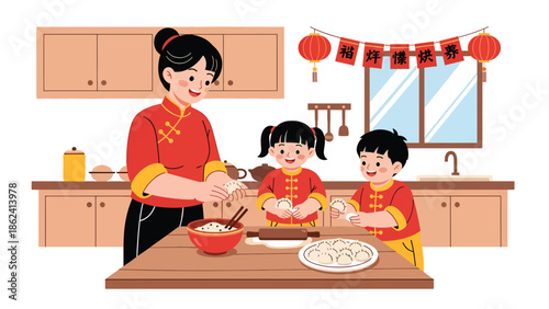 Modern vector illustration of family making dumplings together in kitchen for Chinese New Year, warm home activity, cultural tradition, and family bonding