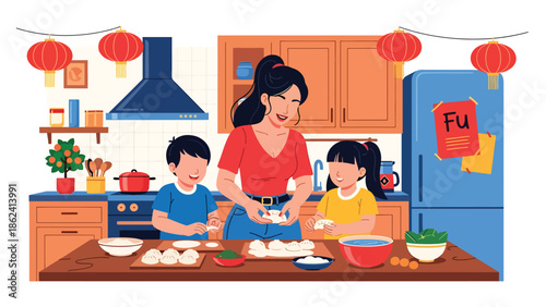 Modern vector illustration of family making dumplings together in kitchen for Chinese New Year, warm home activity, cultural tradition, and family bonding