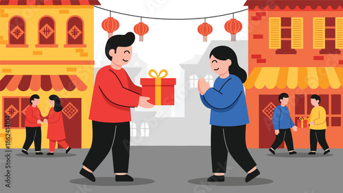 Modern vector illustration of people exchanging greetings and gifts during Chinese New Year, social celebration, goodwill, and festive cultural tradition