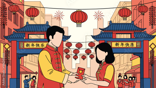 Modern vector illustration of people exchanging greetings and gifts during Chinese New Year, social celebration, goodwill, and festive cultural tradition