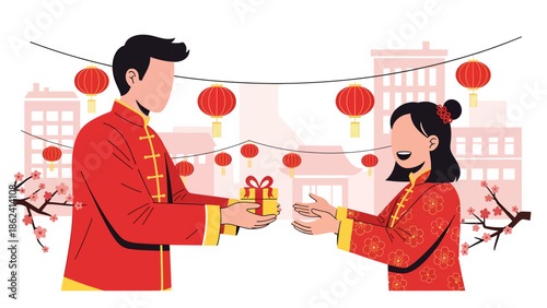 Modern vector illustration of people exchanging greetings and gifts during Chinese New Year, social celebration, goodwill, and festive cultural tradition
